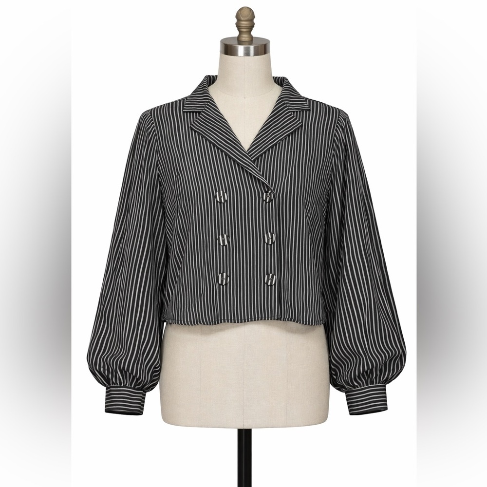 Gimmicks Black White Striped Blouse Balloon Sleeve Double Breasted Size Medium